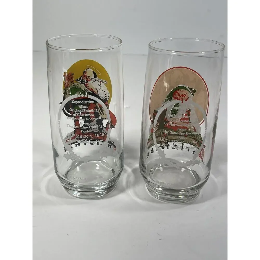 2 x Santa Claus Vintage Norman Rockwell Saturday Evening Xmas Coca-Cola Glasses‎
